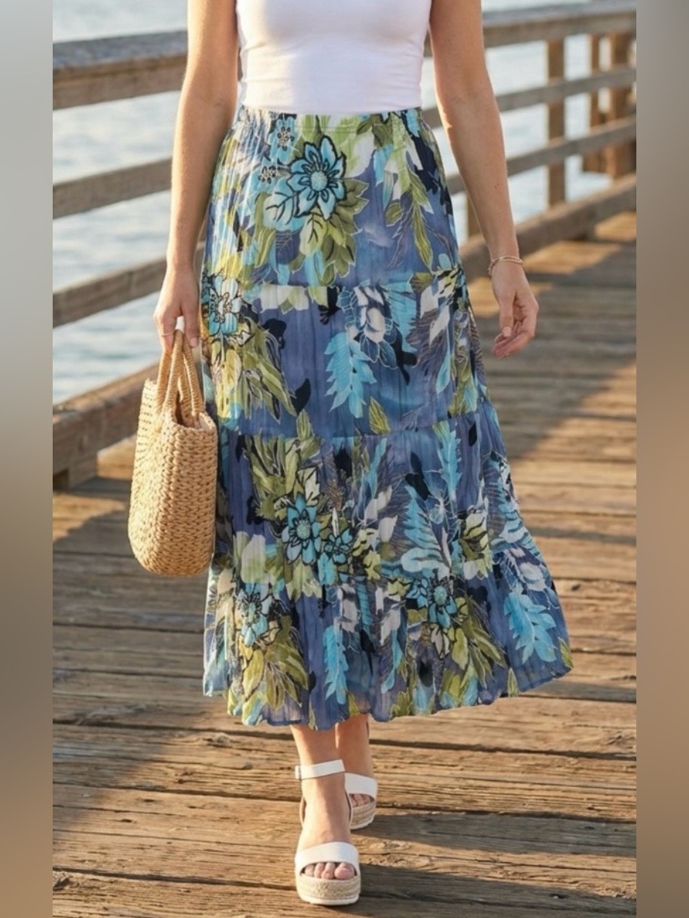 Vintage 90s Floral Tiered Maxi Skirt Turquoise Lime Blue Artsy Palette • Boho
